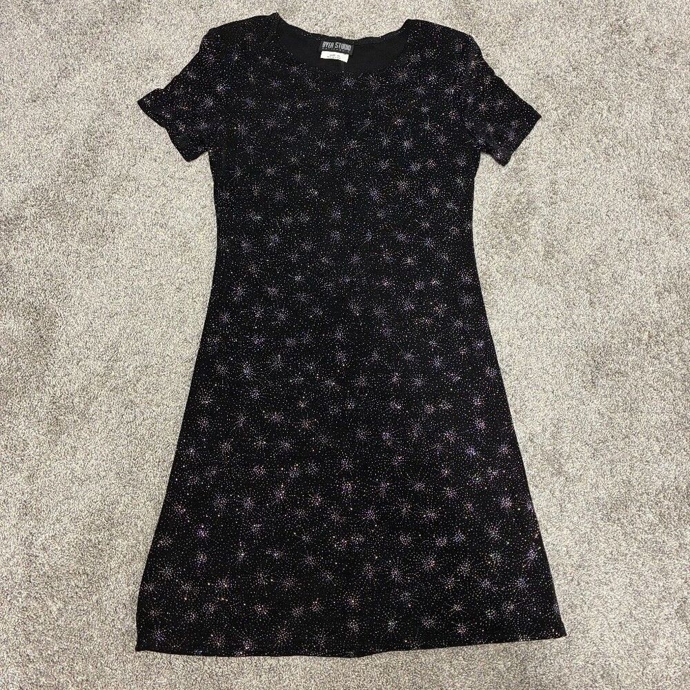 VTG Byer Studio California Black Glitter Star Print Short Sleeve Dress Size 12